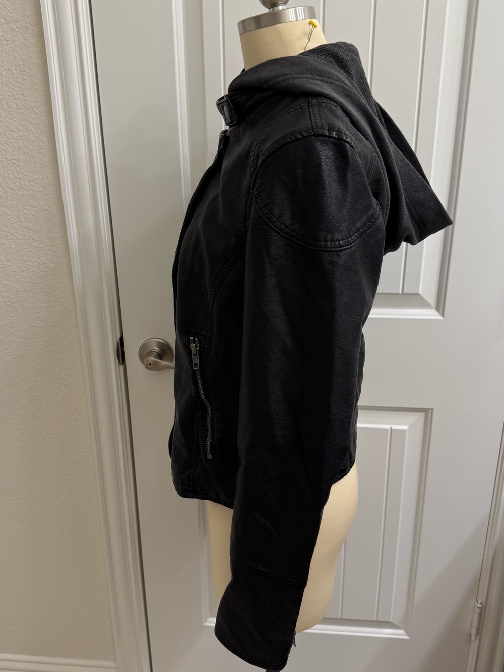 We The Free People Black Faux Leather Moto Jacket with Hooded Liner - Picture 4 of 12